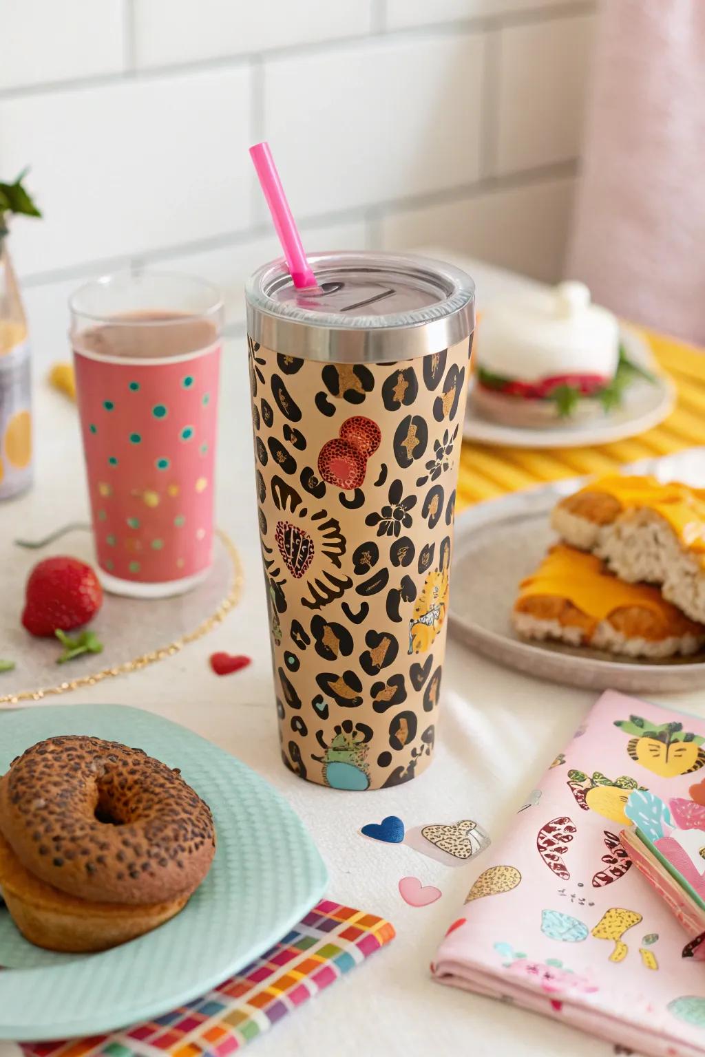 A playful leopard print tumbler that adds whimsy to your morning.