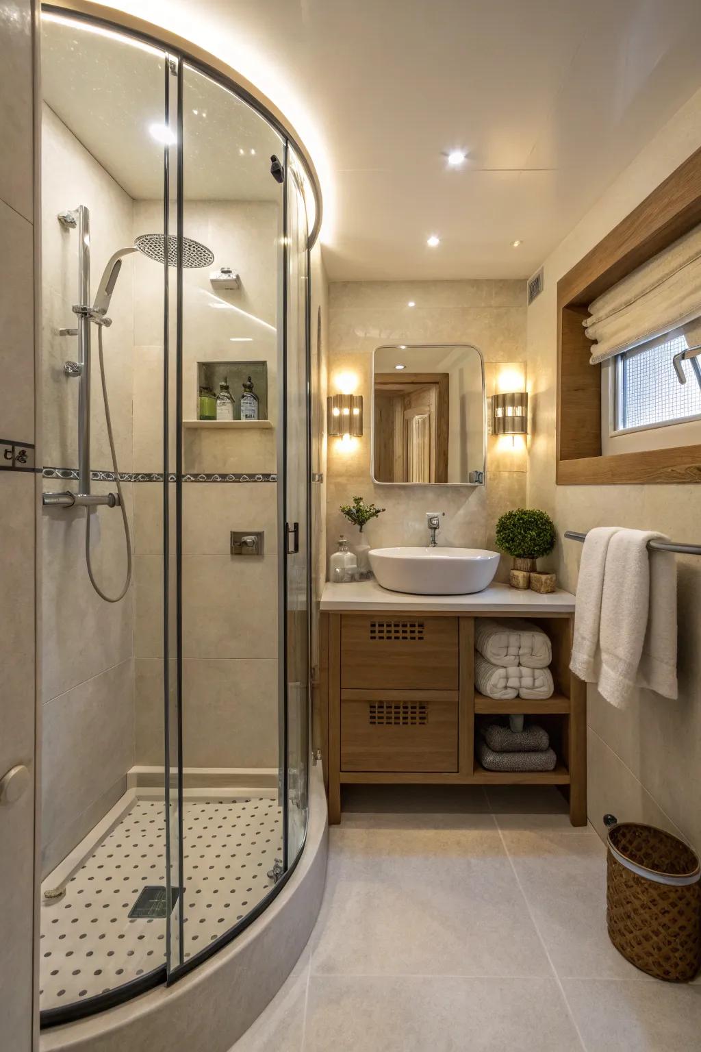 Curved shower frame enhances flow in a small bathroom.