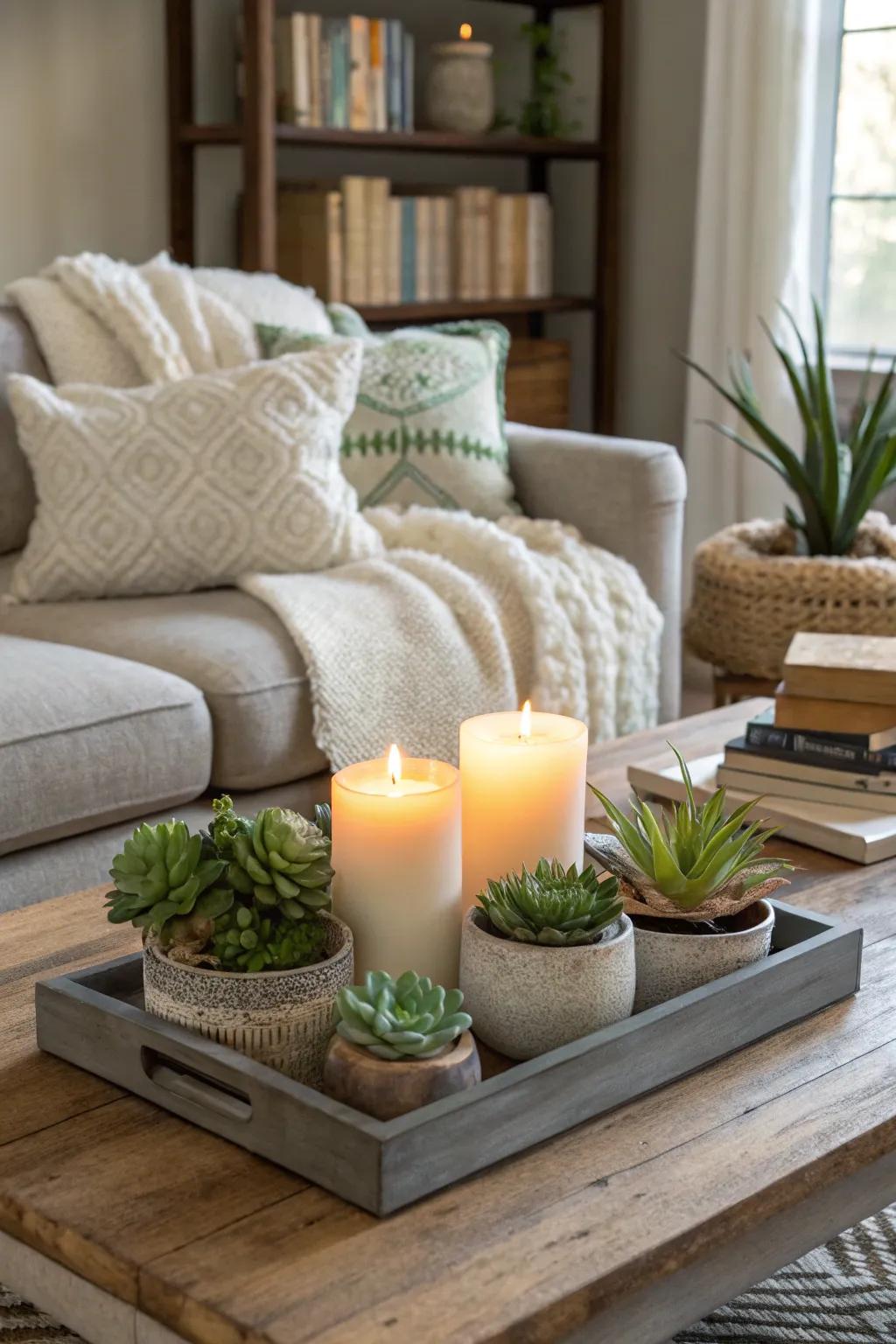 A succulent and candle centerpiece on a coffee table.