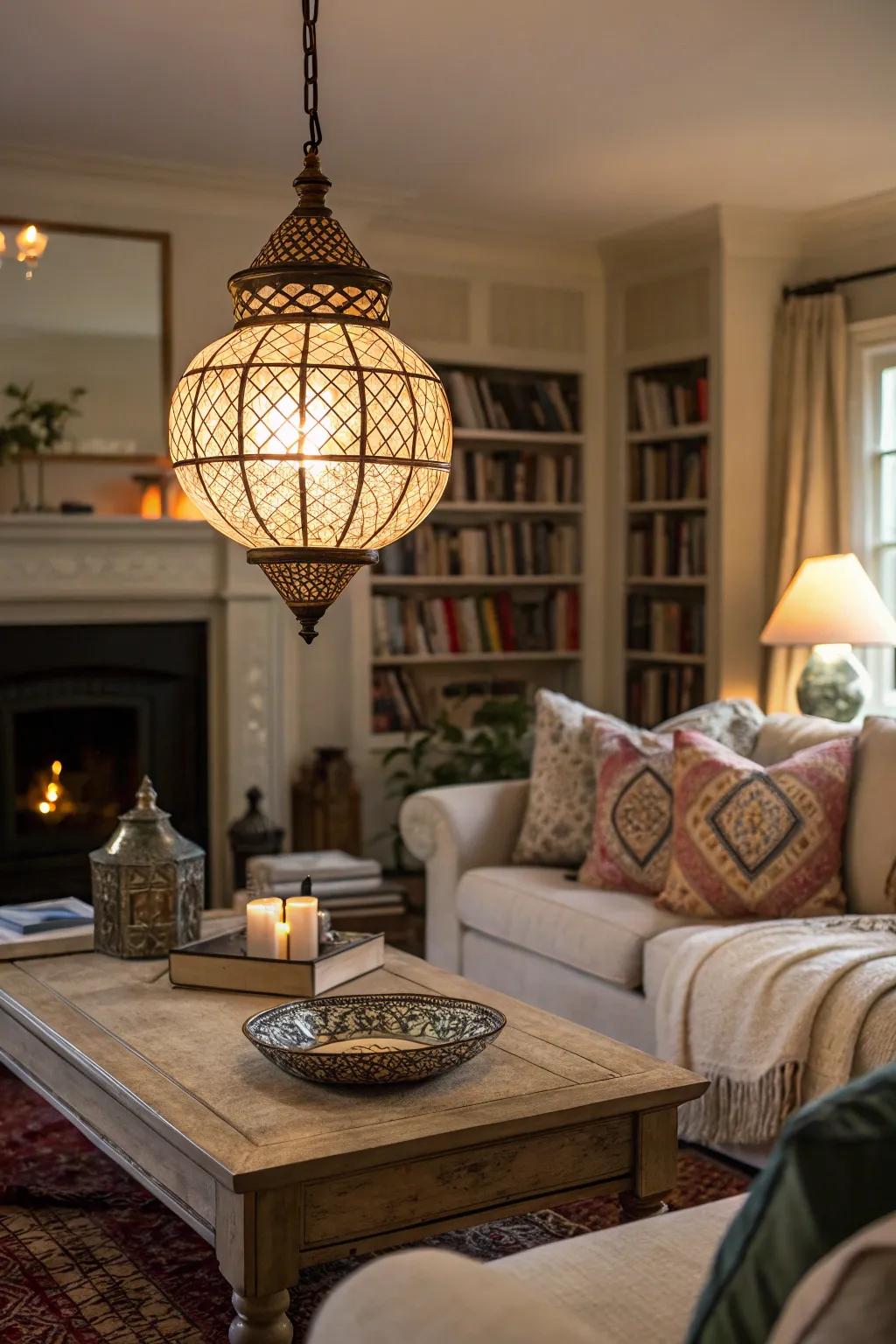 Pendant lights bring focus and intimacy to this seating area.