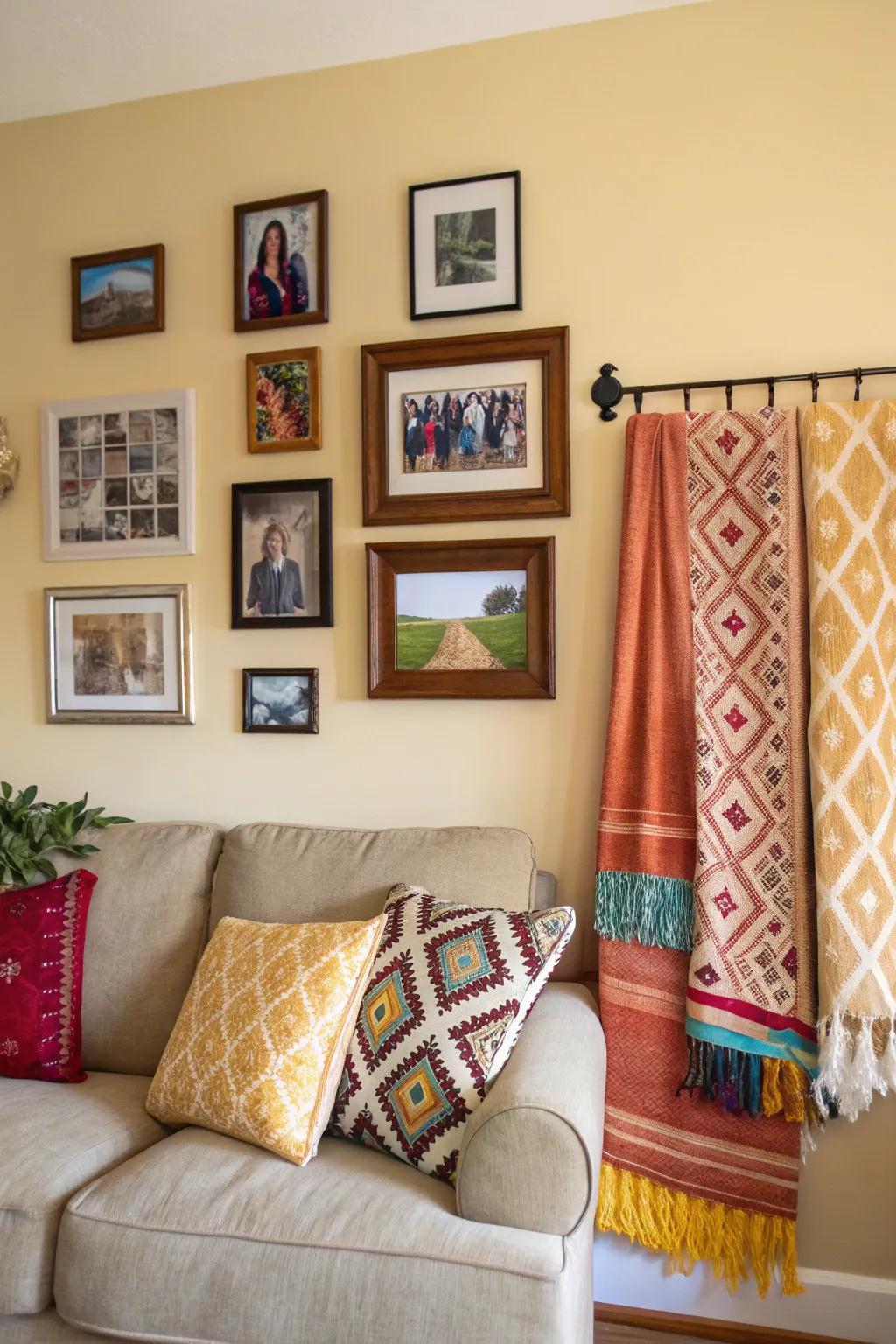 Incorporate textiles for a warm and textured photo wall.