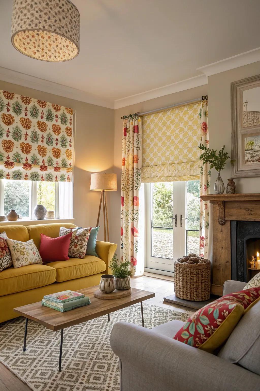 Bold patterned shades making a playful statement in the living room.