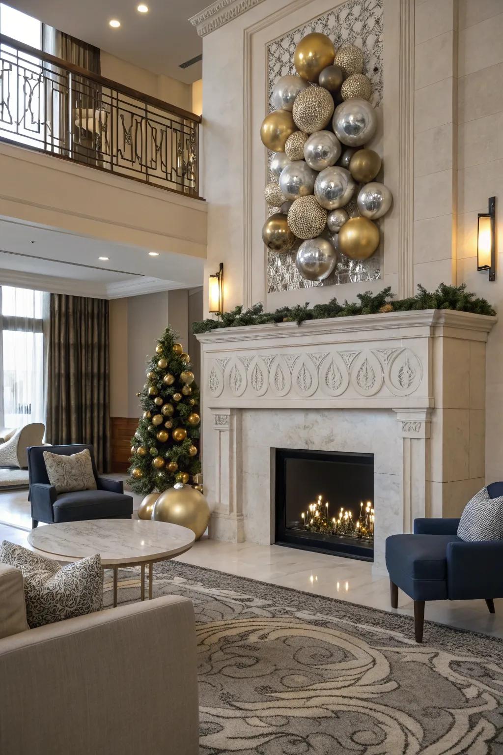 A modern living room showcasing decorative spheres in the fireplace.