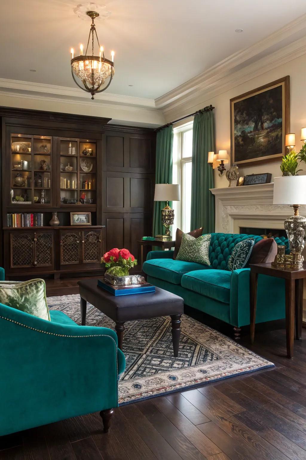 Jewel tones bring vibrancy to dark wood floors.