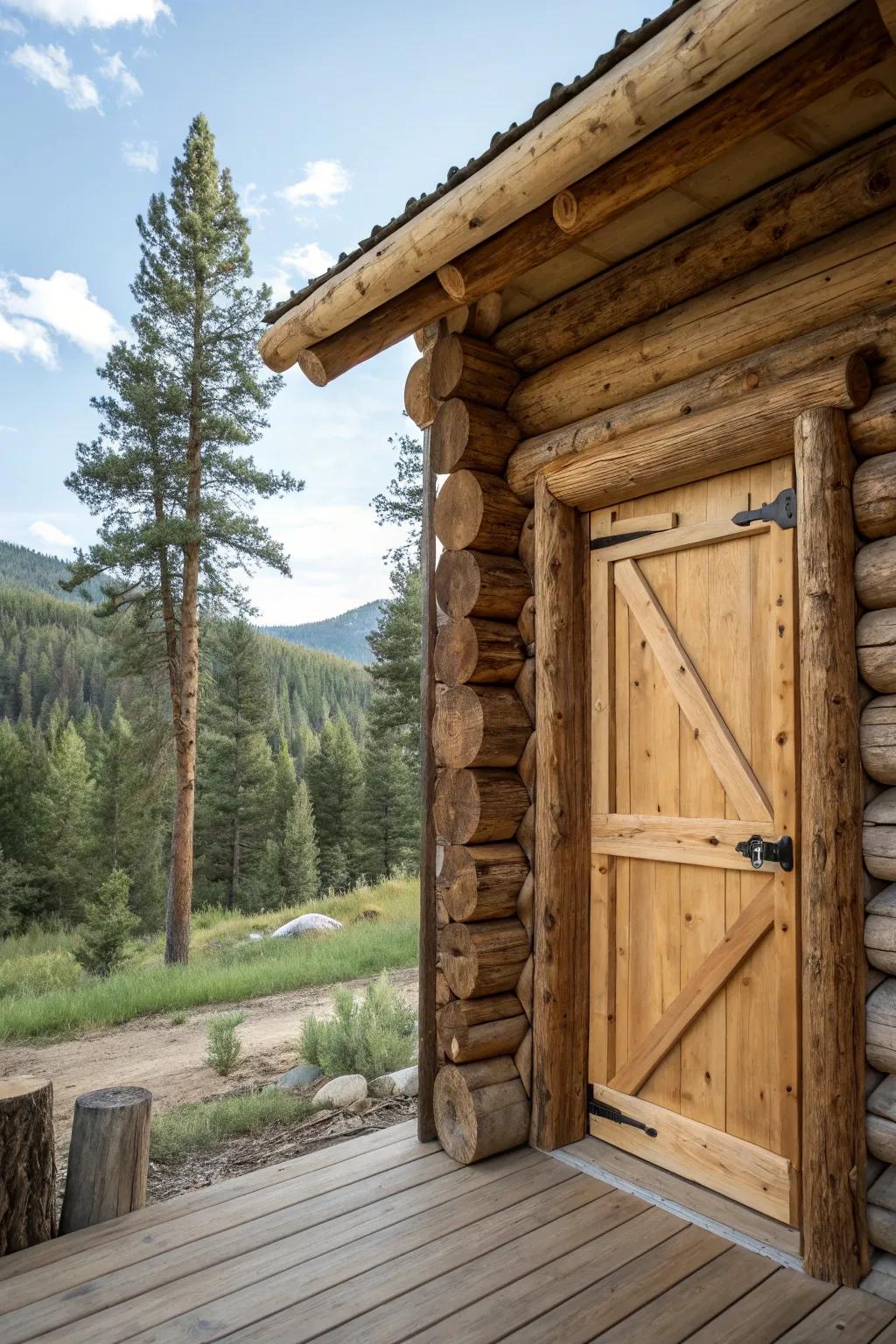 An eco-friendly log cabin door crafted from sustainable materials.