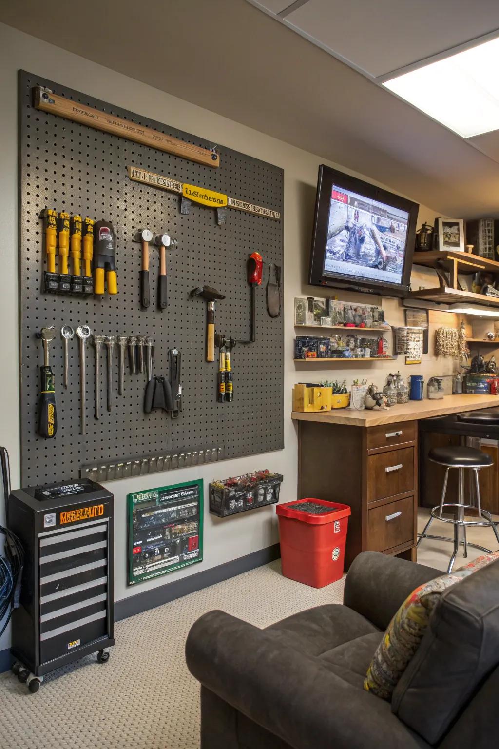 A pegboard wall offers both functionality and style.