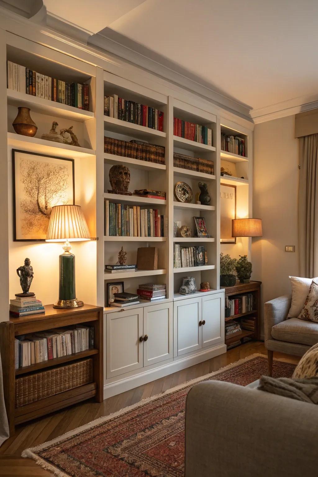 Sky-high shelving provides elegance and functionality in this living room.