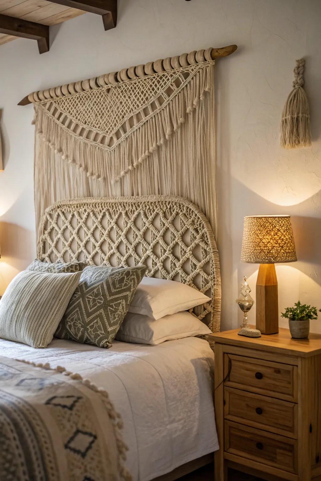 Macrame headboards adding luxury to a bedroom.