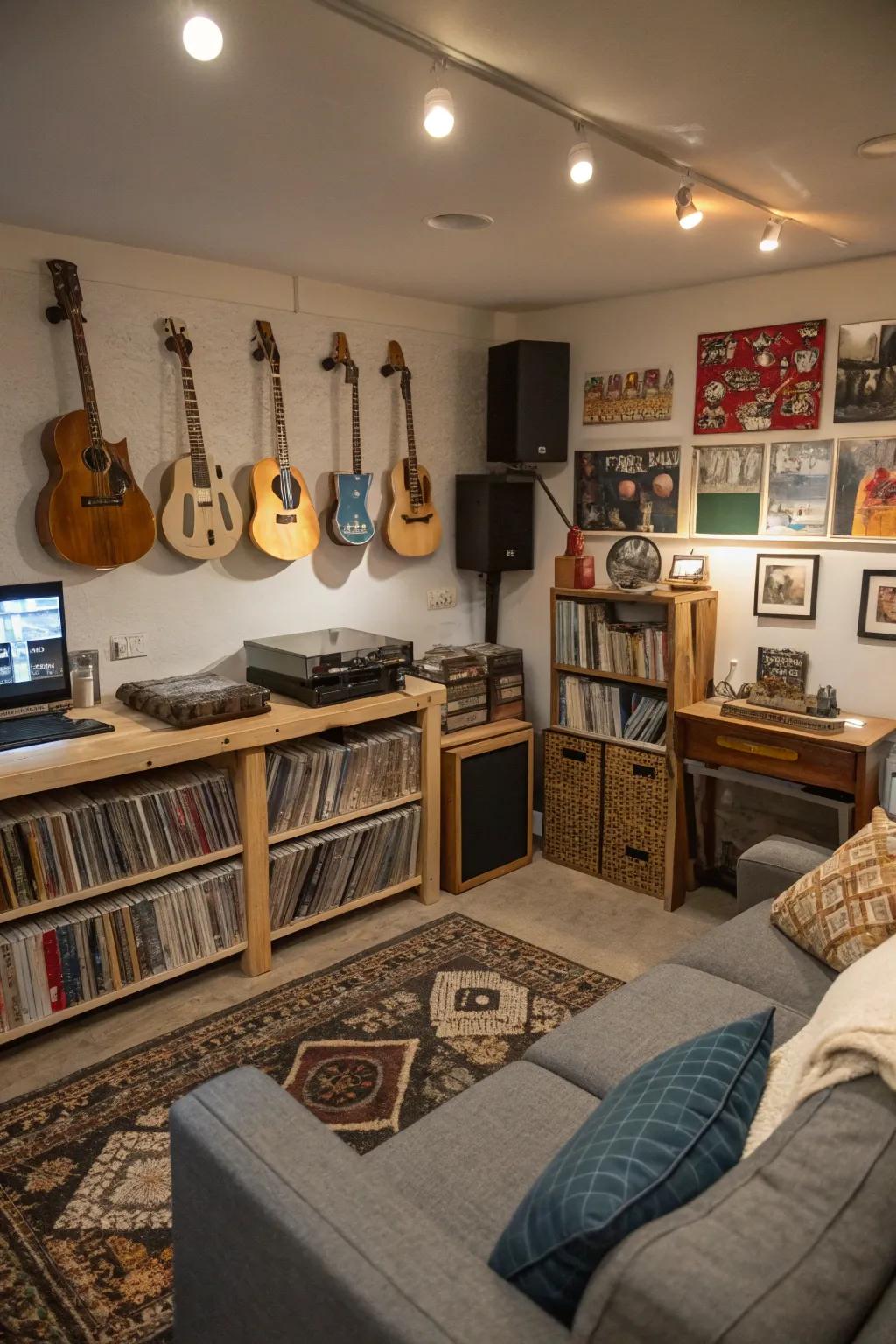 A personal hobby corner adds functionality to the man cave.