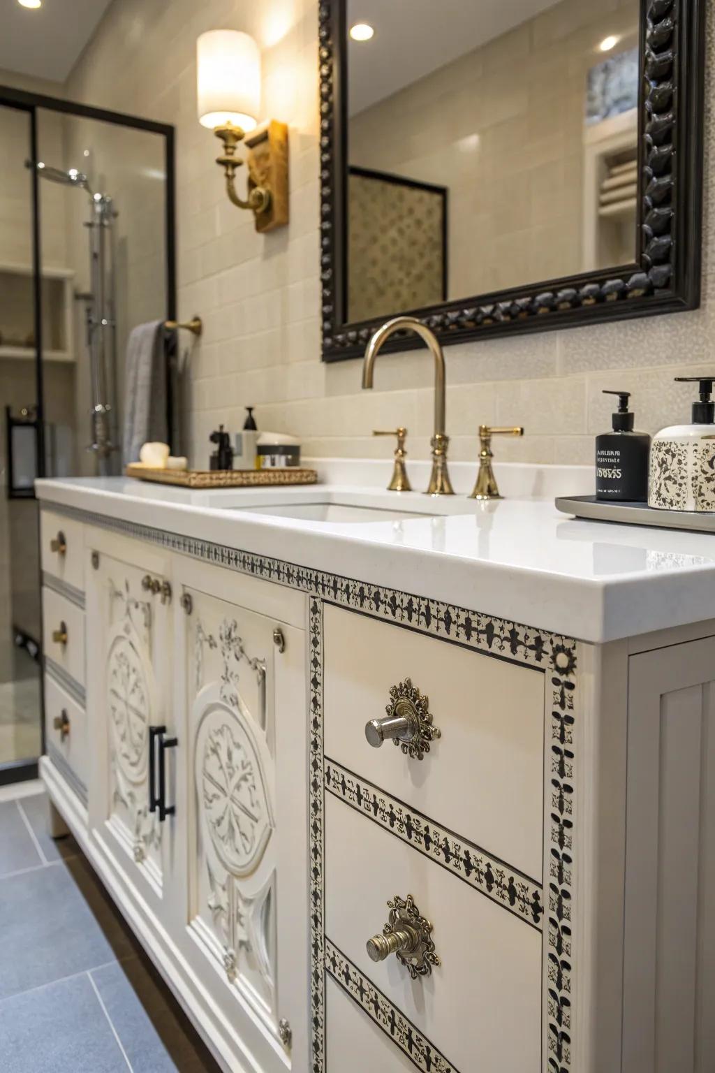 A bathroom vanity featuring unique, intricate hardware for an added touch of flair.