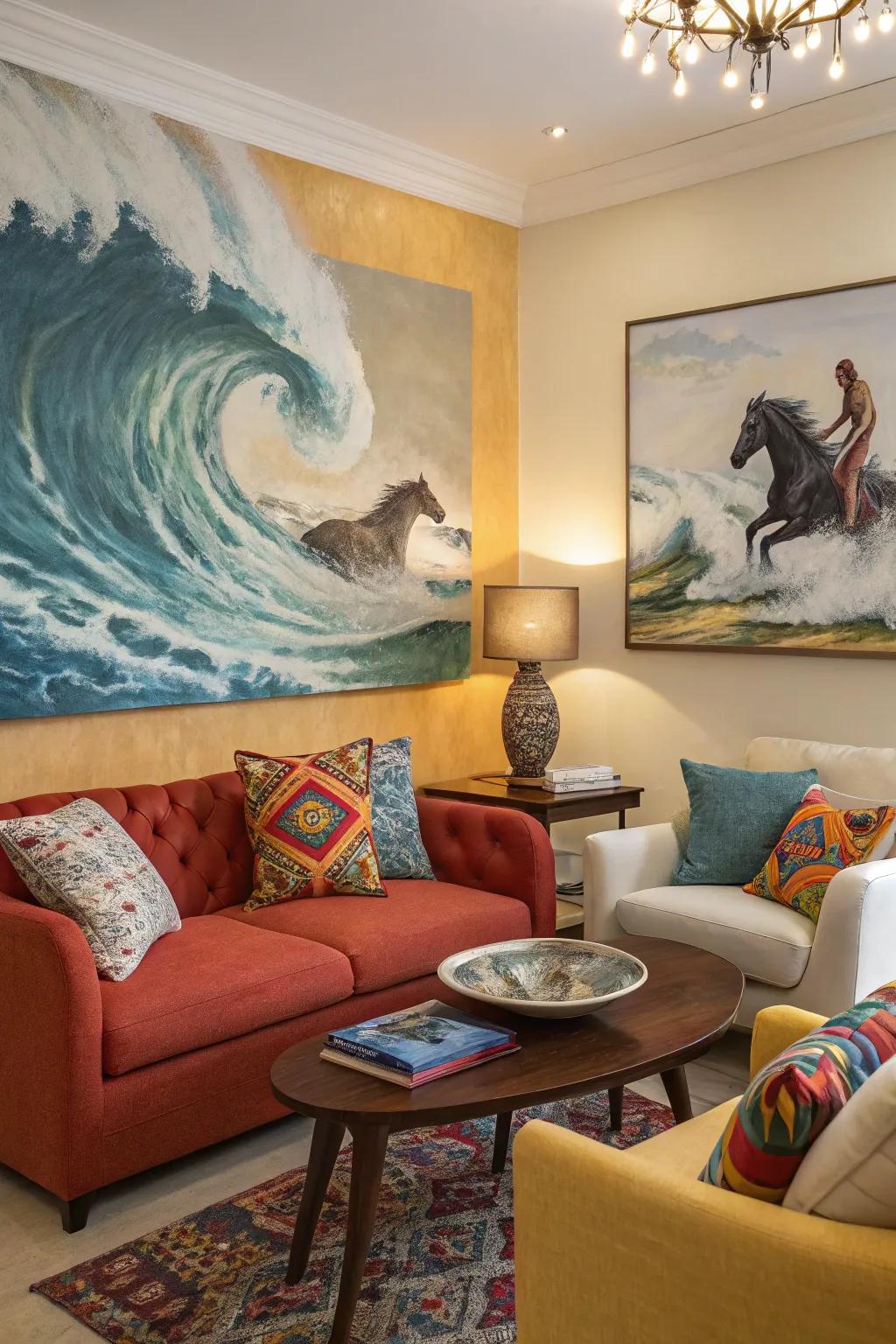 Waves transform into horses, bringing dynamic energy to your decor.