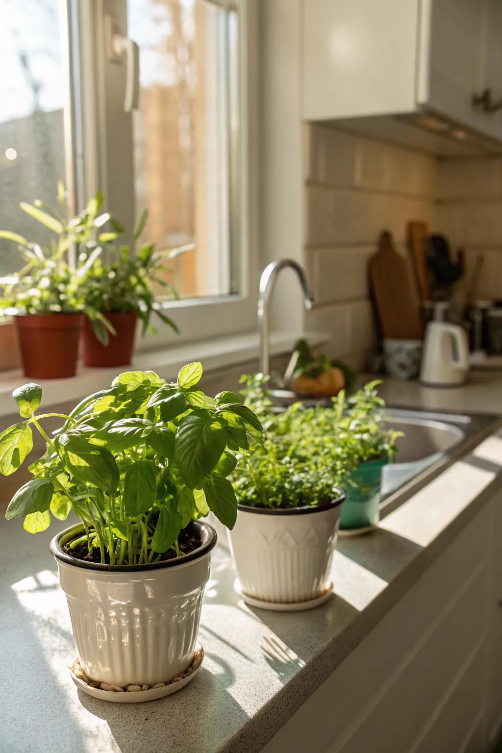 A practical and aromatic micro herb garden in the kitchen.