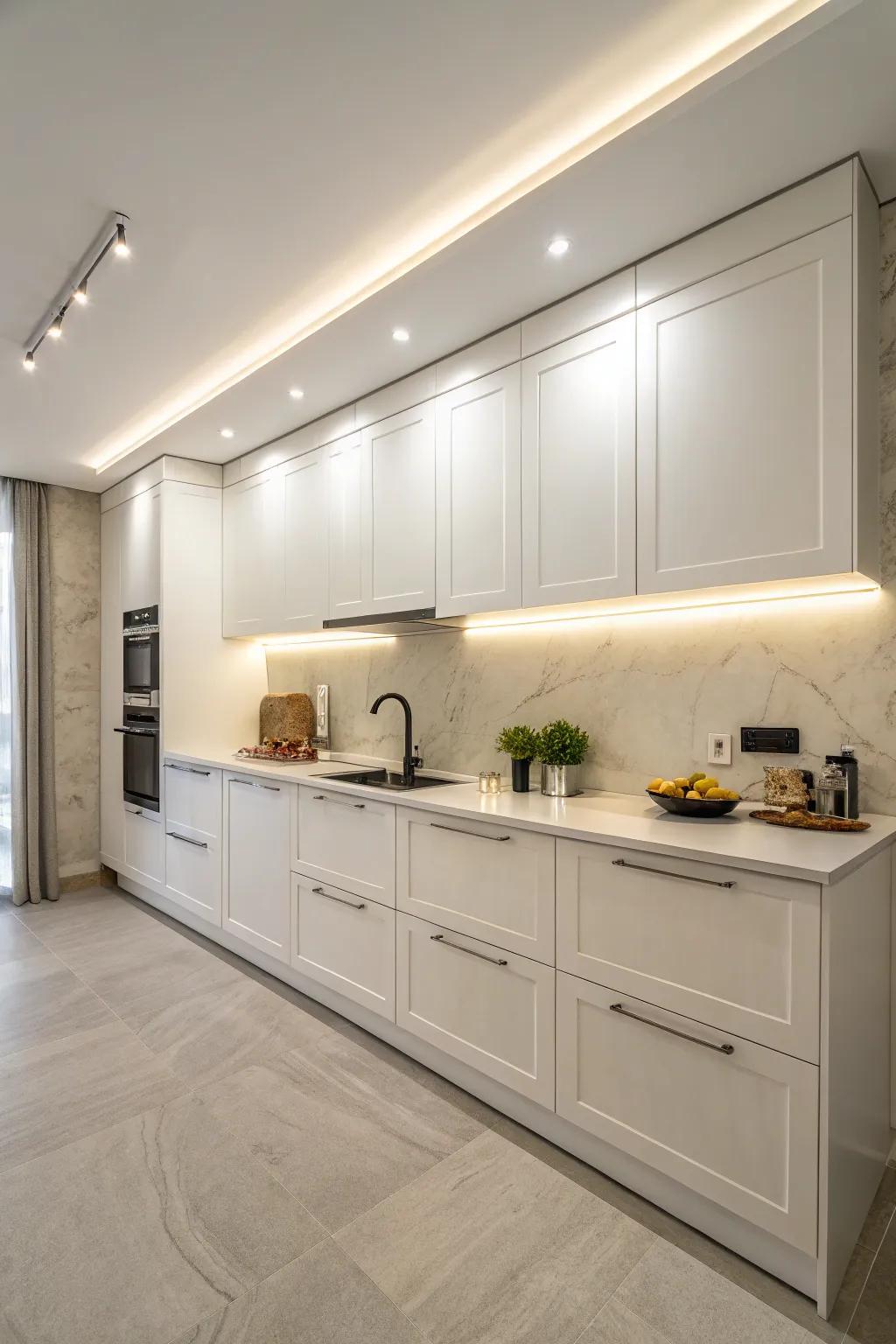 Task lighting enhancing functionality in a minimalist kitchen.