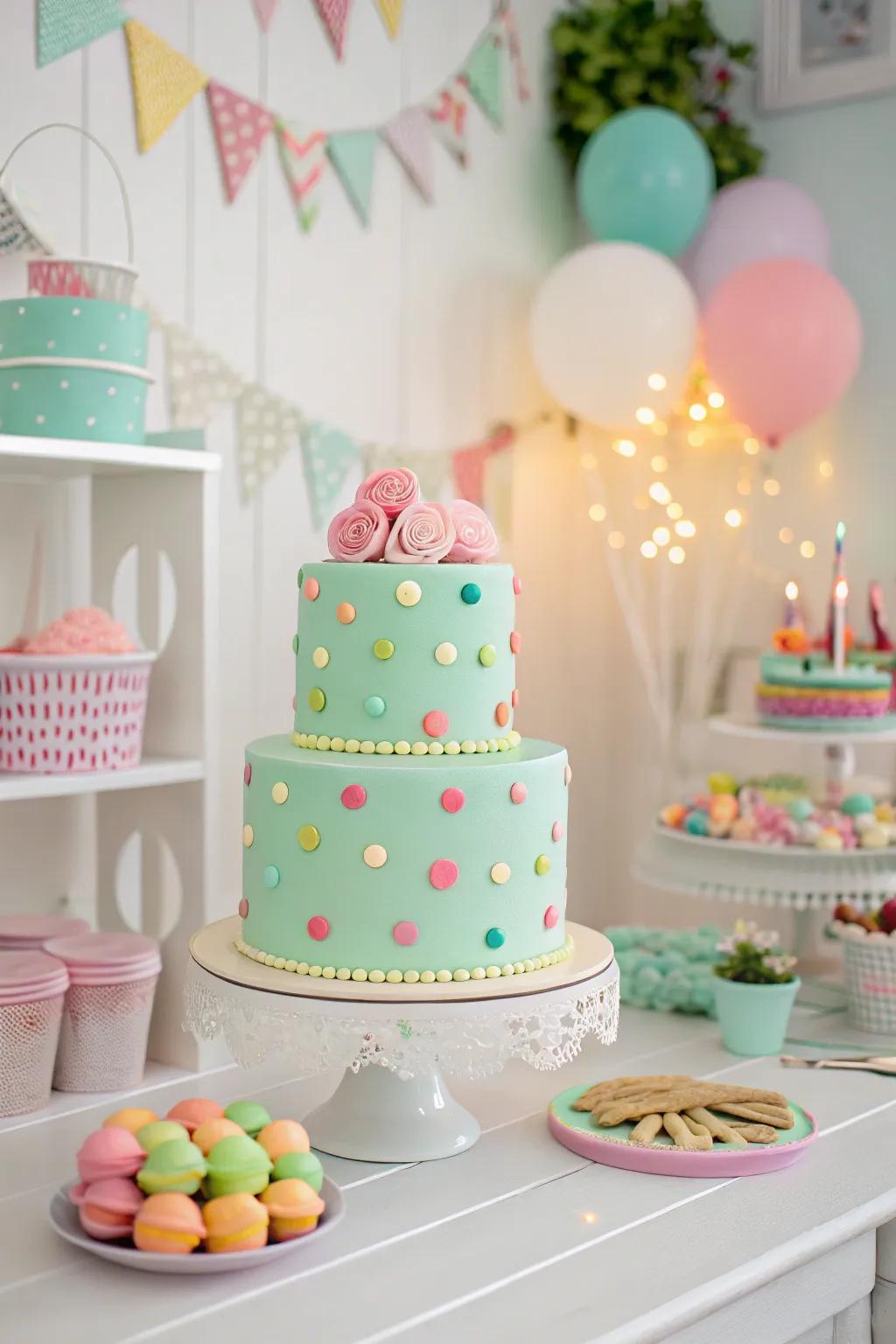 A mint green cake with whimsical polka dot design.