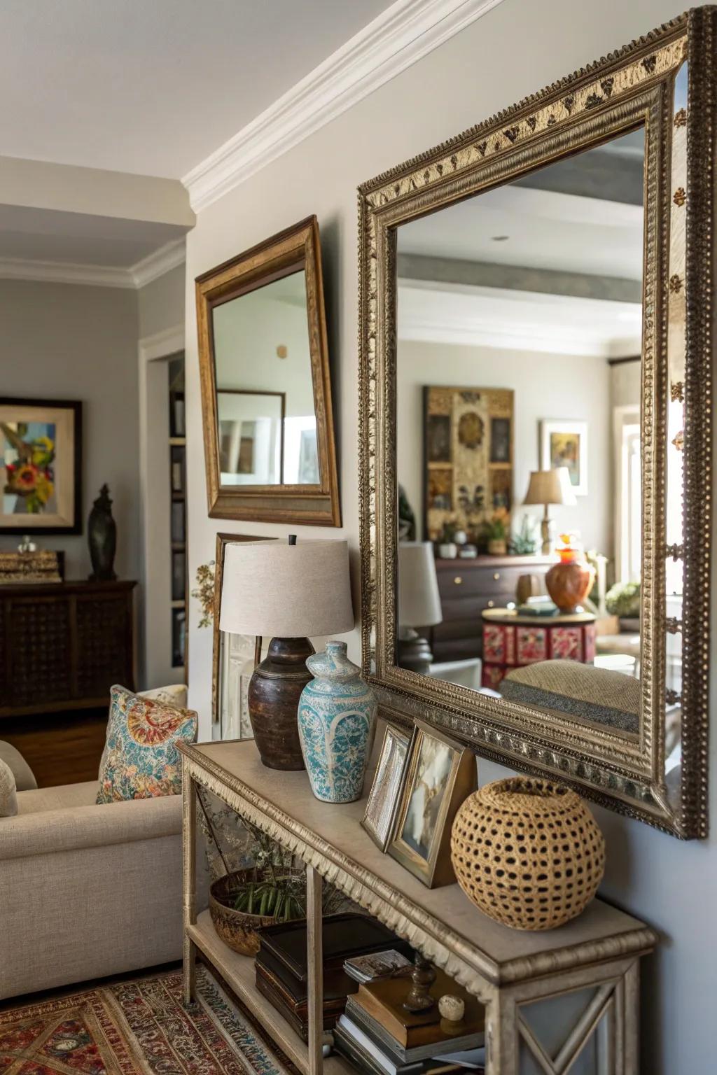 Layered mirrors add depth and visual interest.