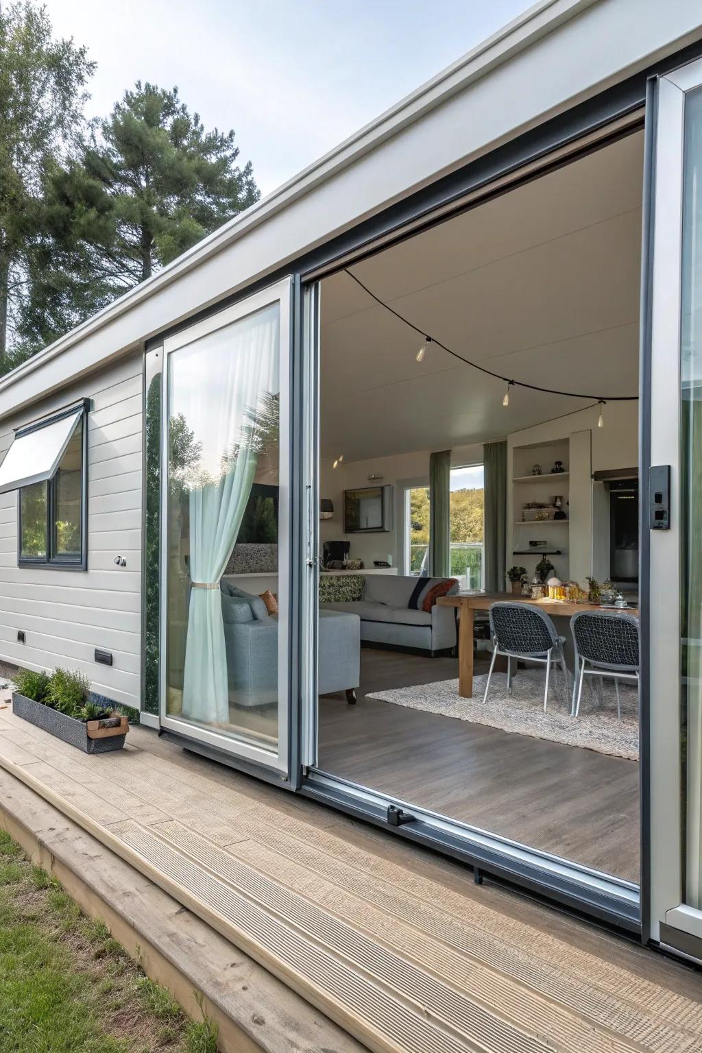 Sliding doors can save space and add a contemporary flair to your mobile home.