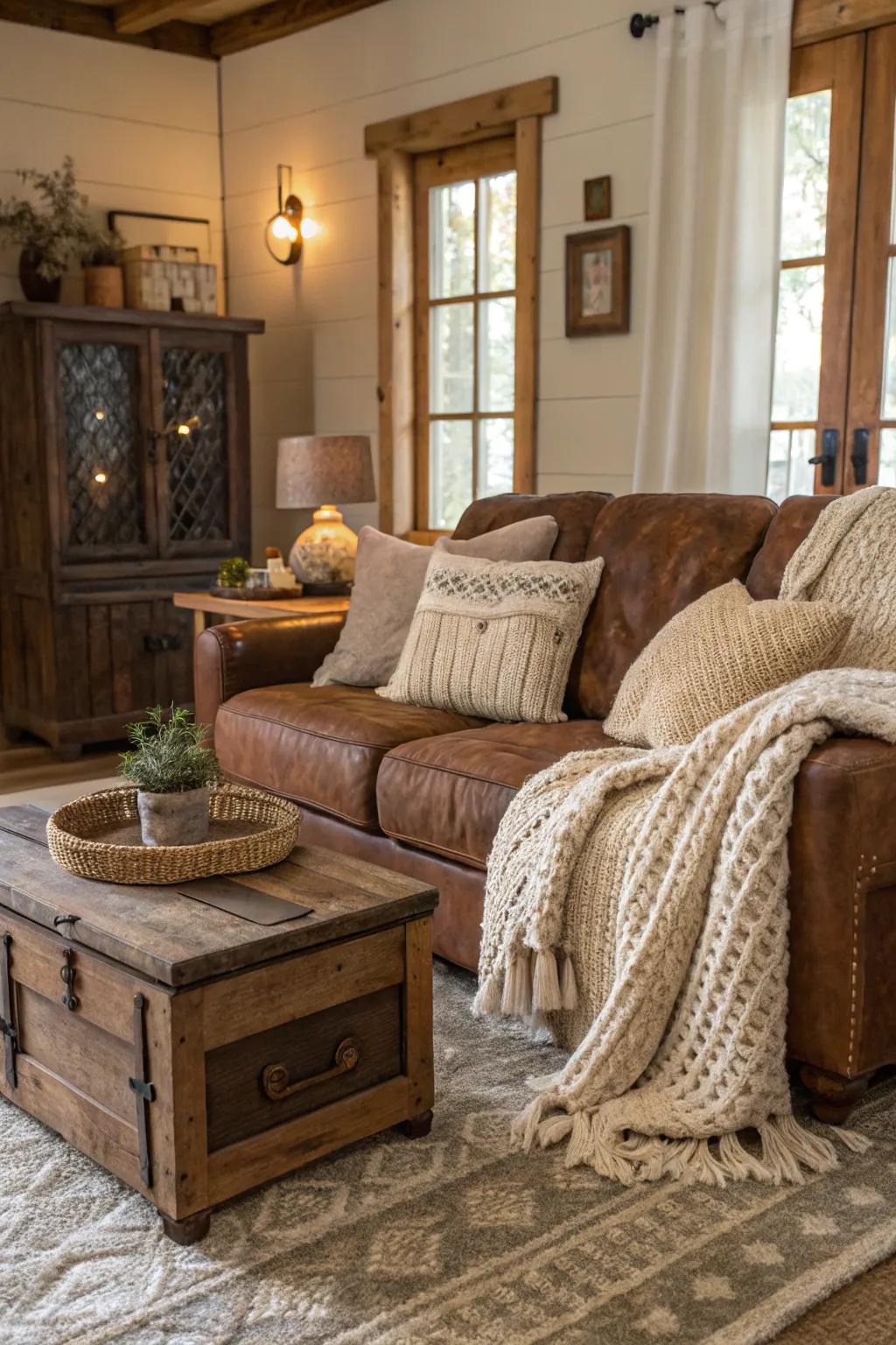 Rustic elements create a warm, inviting retreat around the mocha couch.