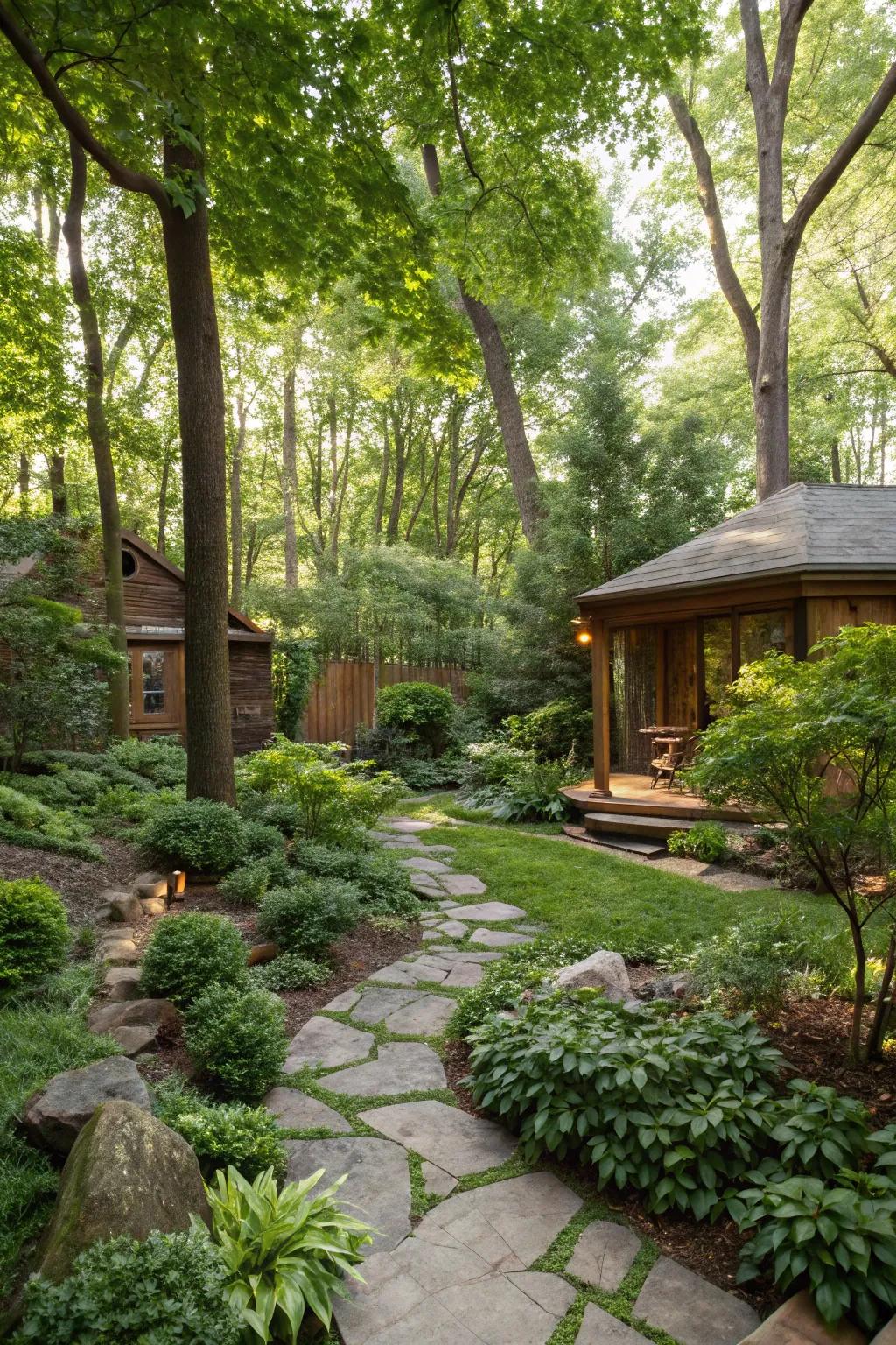 A backyard transformed into a serene woodland retreat.