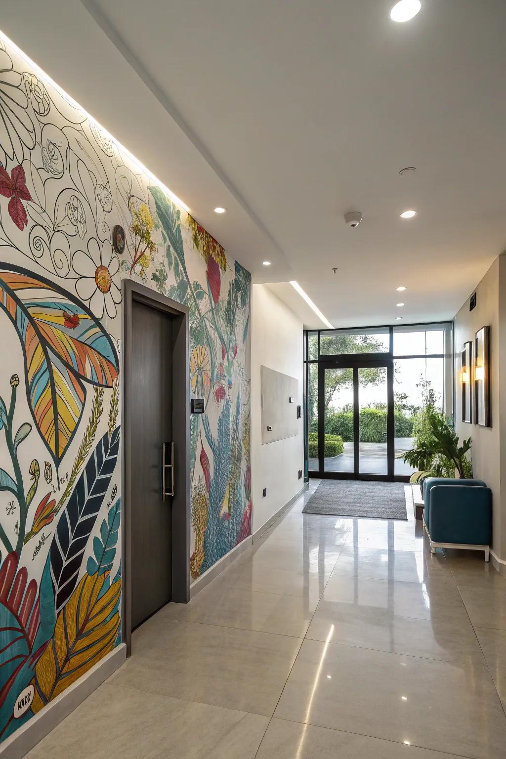 A hand-painted mural adds charm and uniqueness to a modern entryway.