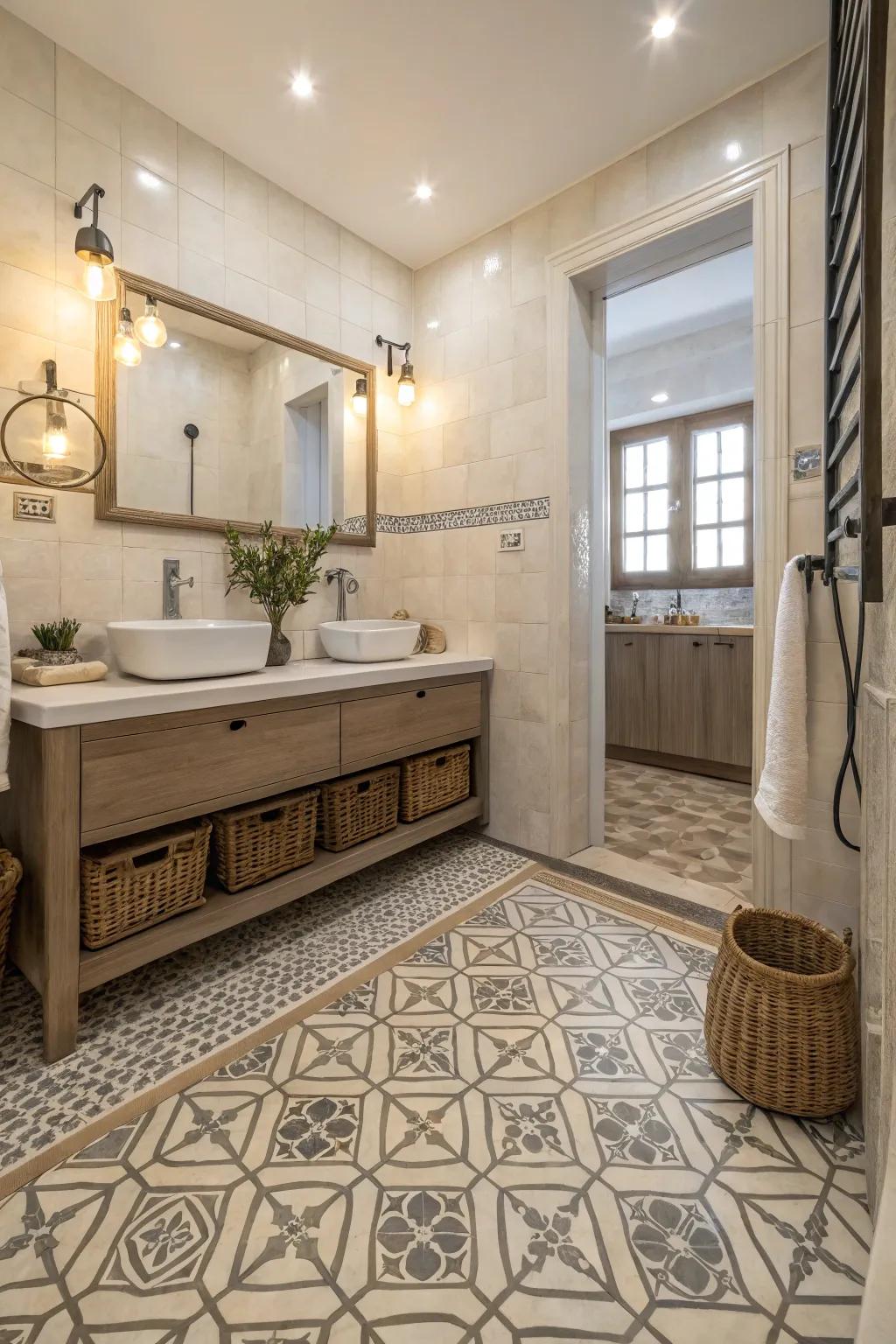 Patterned tiles create visual interest in this stylish bathroom.