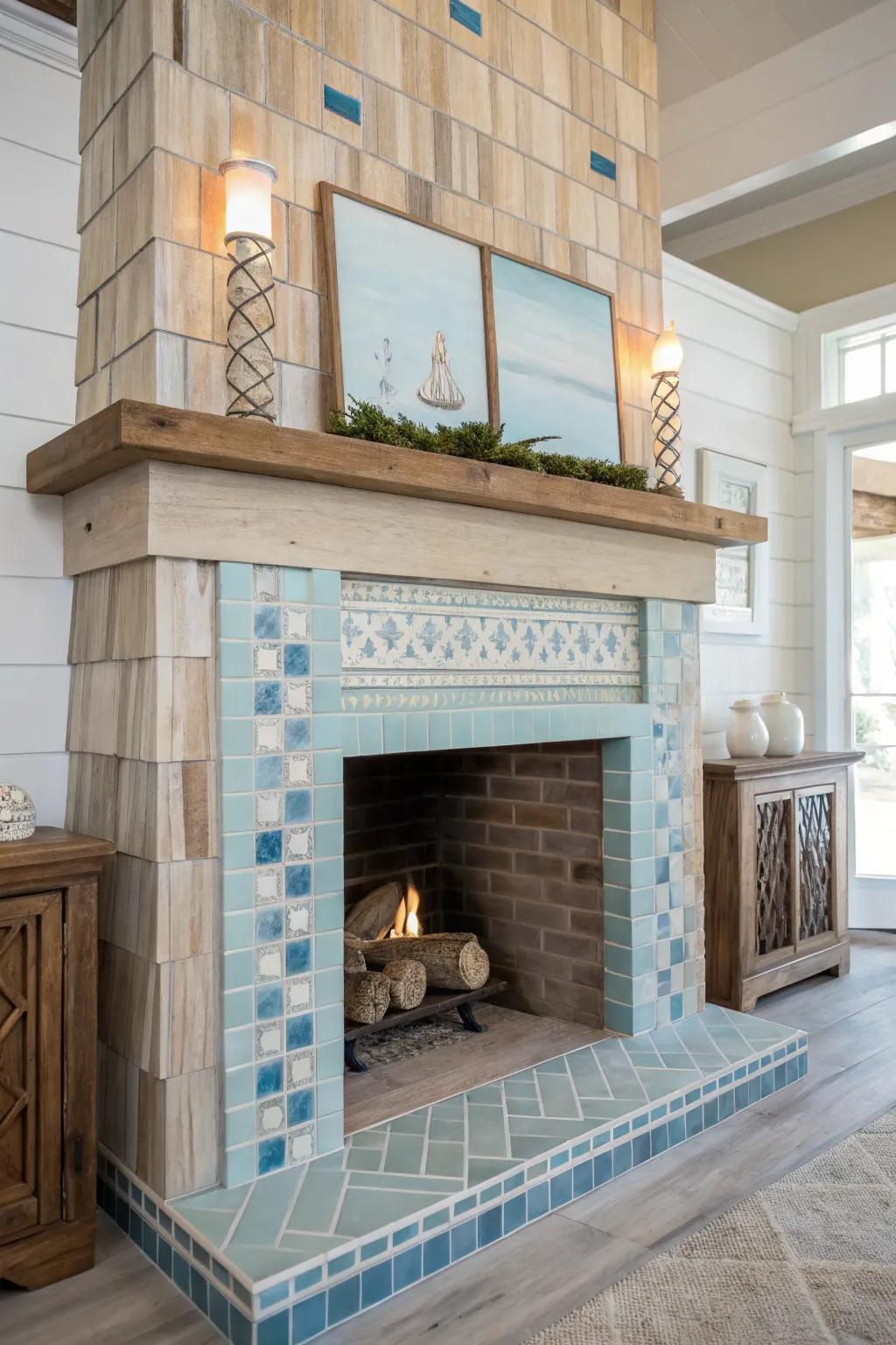 Coastal chic fireplace with blue and neutral tiles.