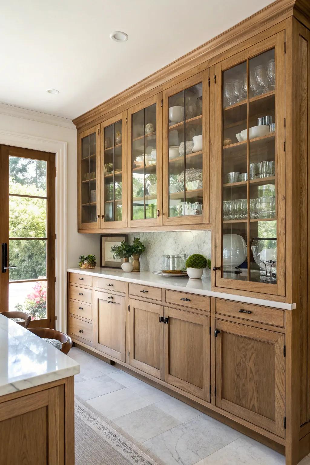 Glass doors add a contemporary touch and openness to oak cabinet kitchens.