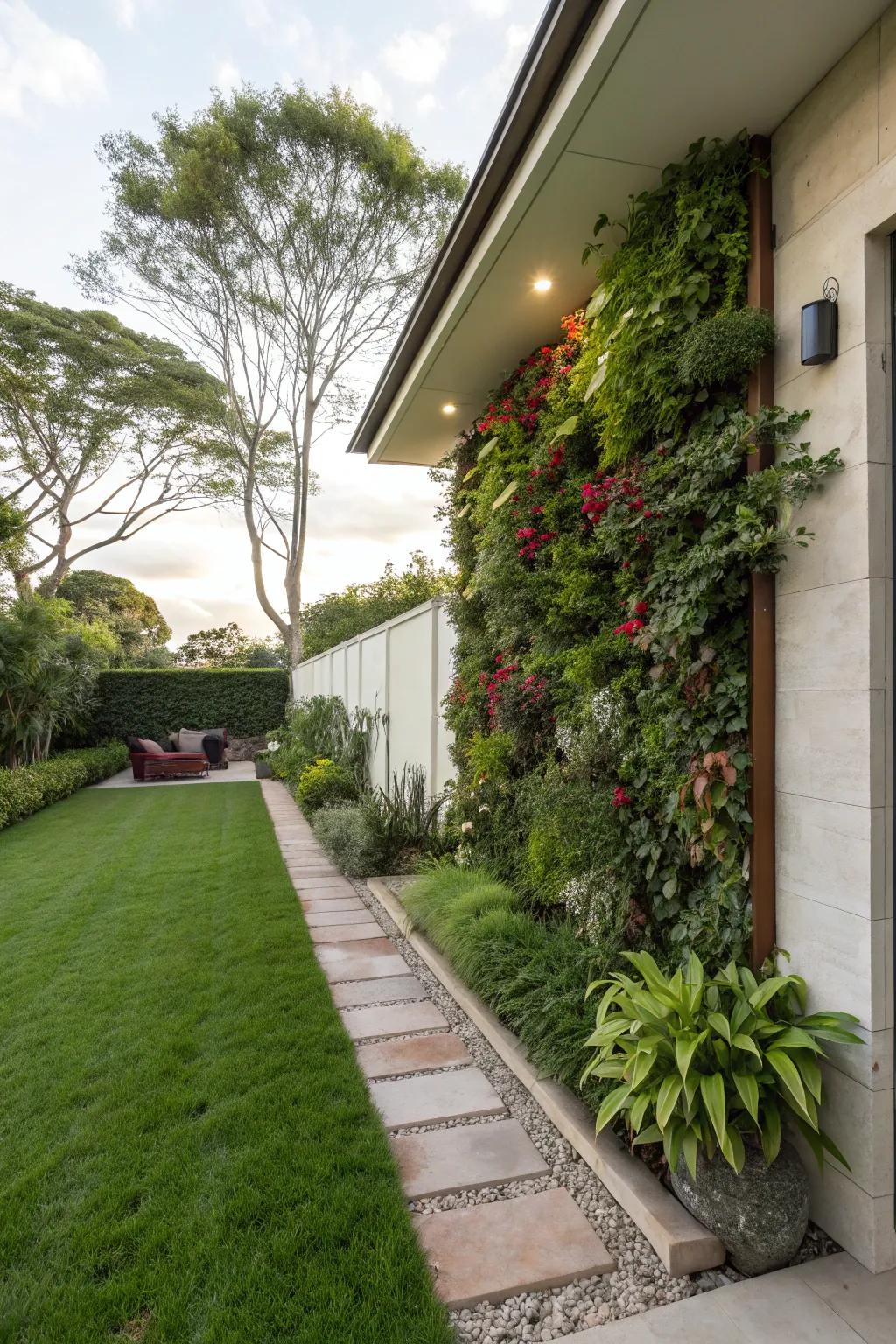 A vertical garden providing greenery in a space-efficient manner in a modern front yard.