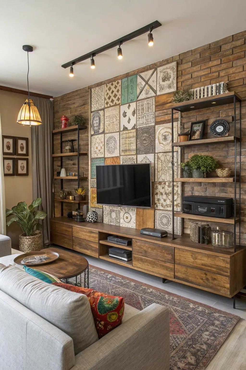 An eclectic mix of materials creates a vibrant and dynamic media wall.