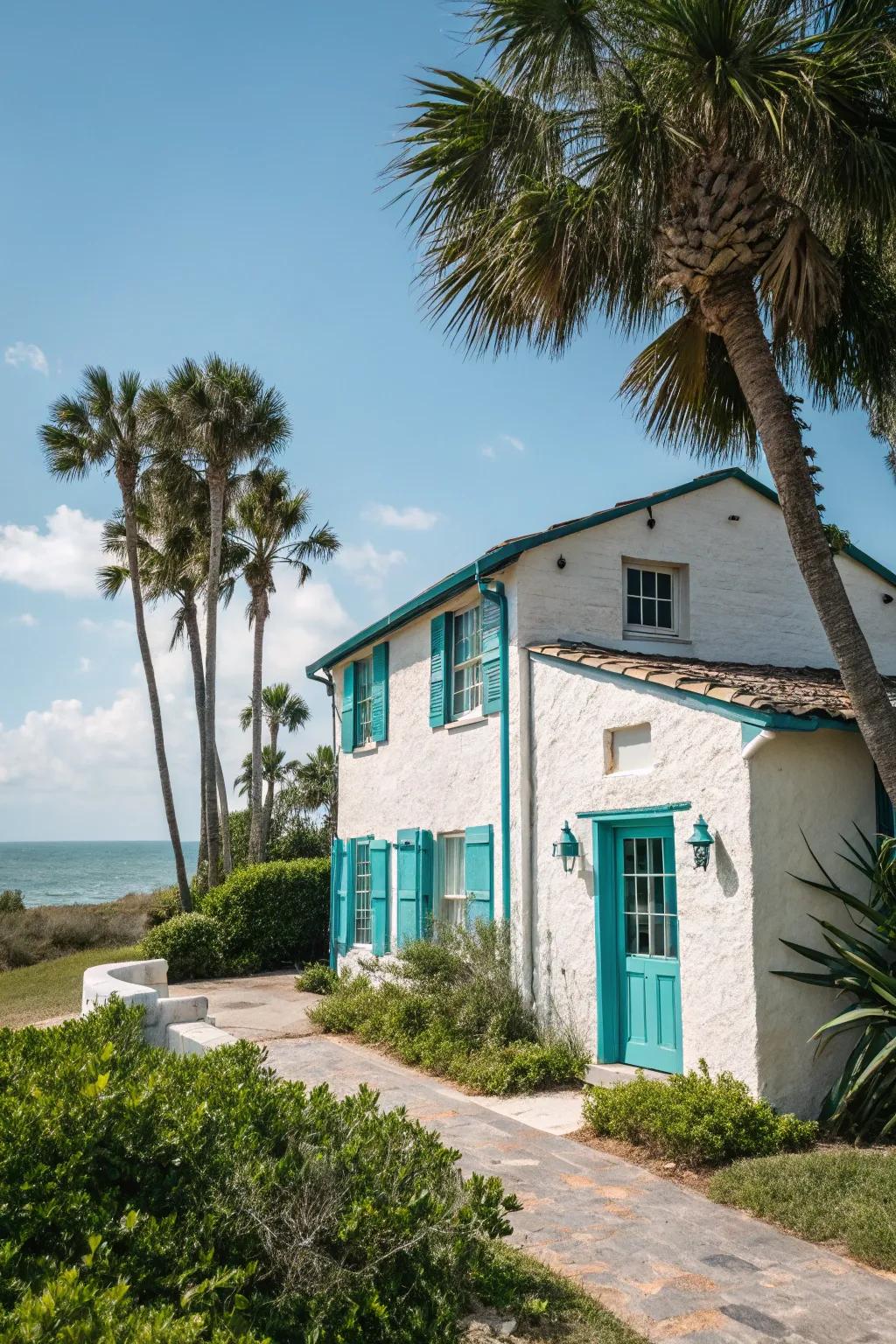 Stucco home with refreshing teal accents.