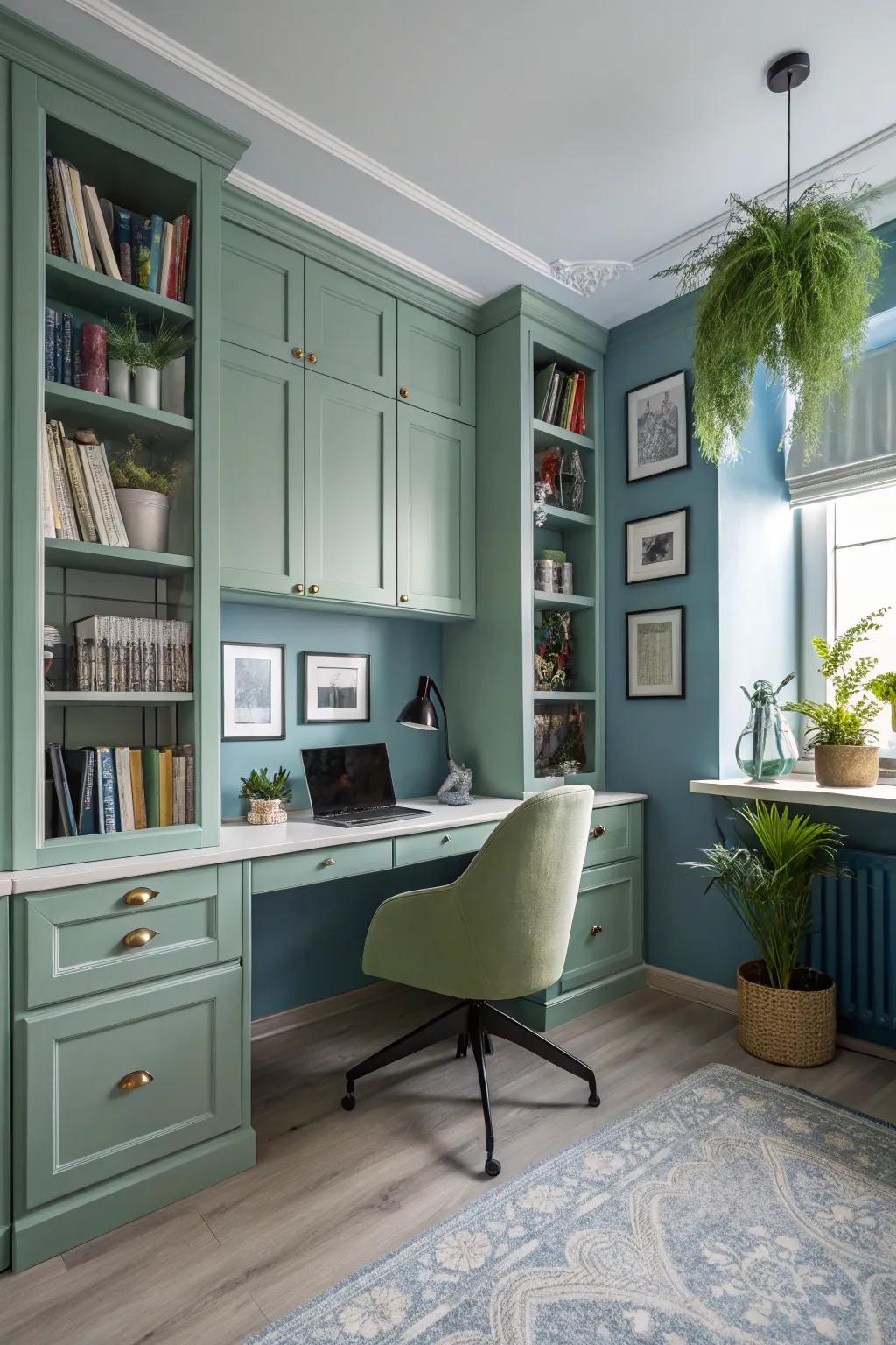 A study room designed with a calming and productive color scheme.