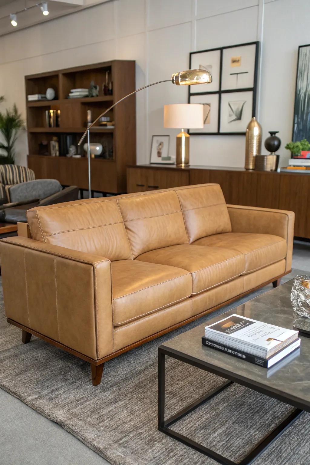 Mid-century modern elements complement a tan leather sofa.