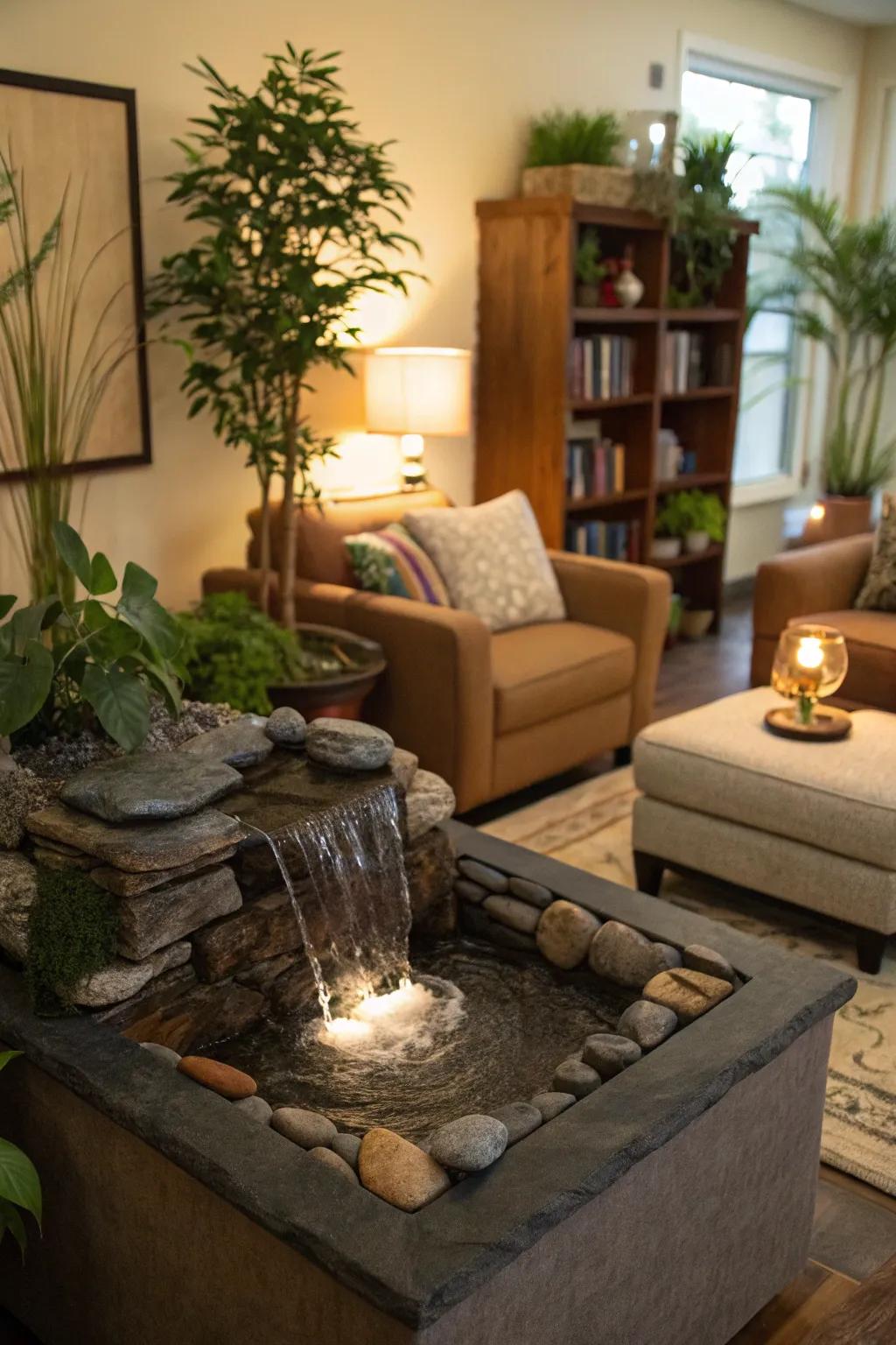 A water feature adds tranquility to a tropical living room.