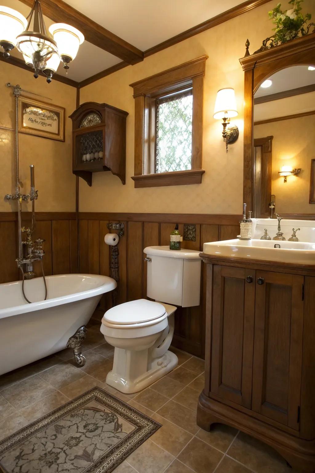 A high tank toilet adds historical charm.