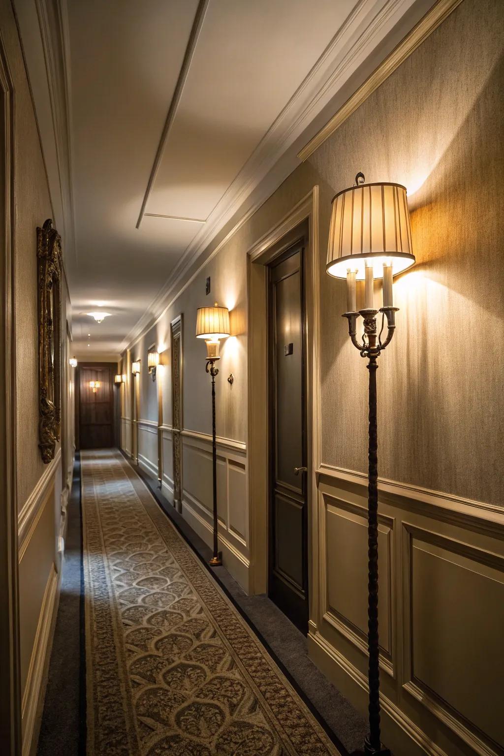 Layered lighting adds depth and warmth to your hallway.