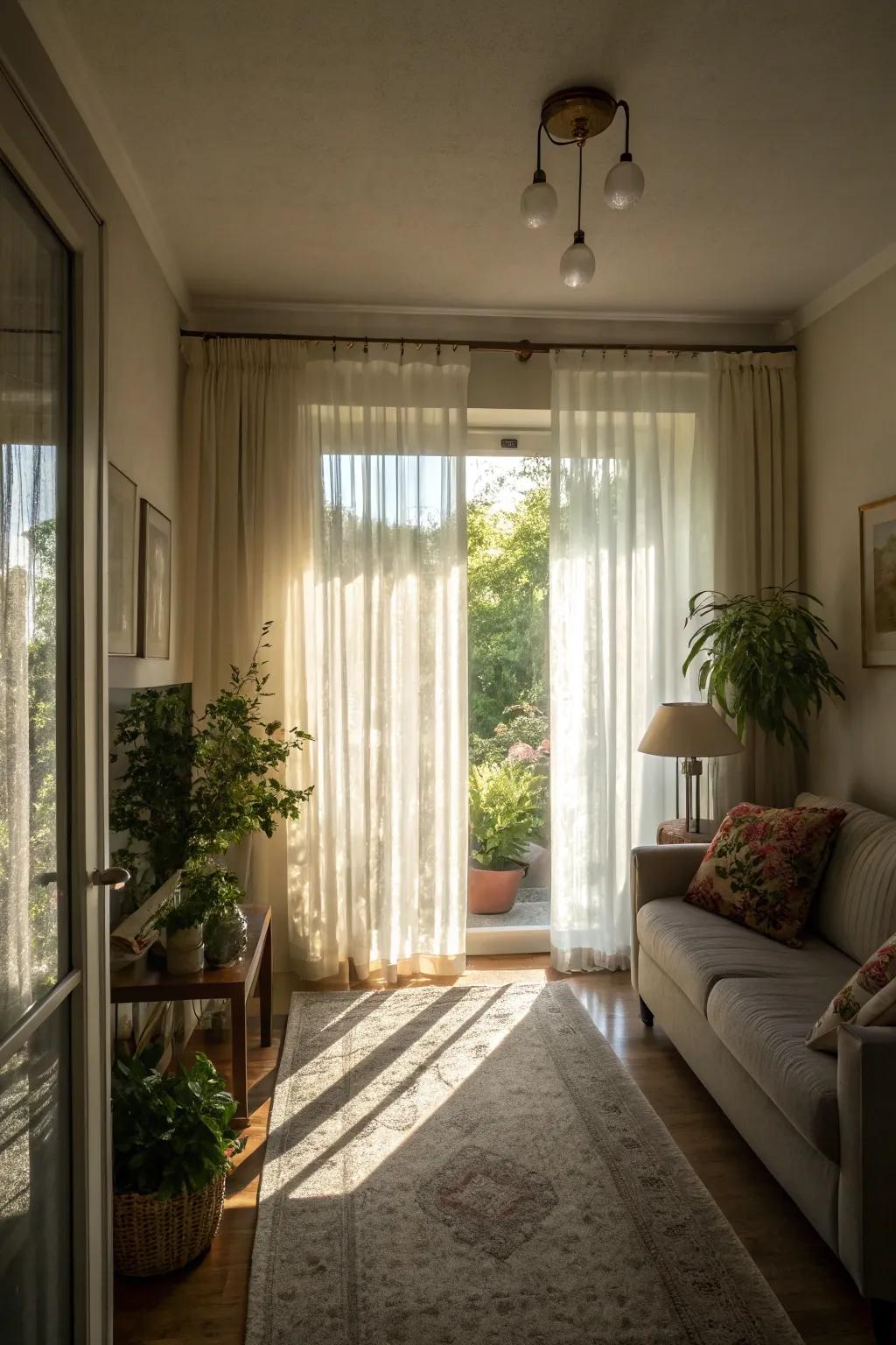 Sheer curtains allowing natural light to enhance a narrow living room.