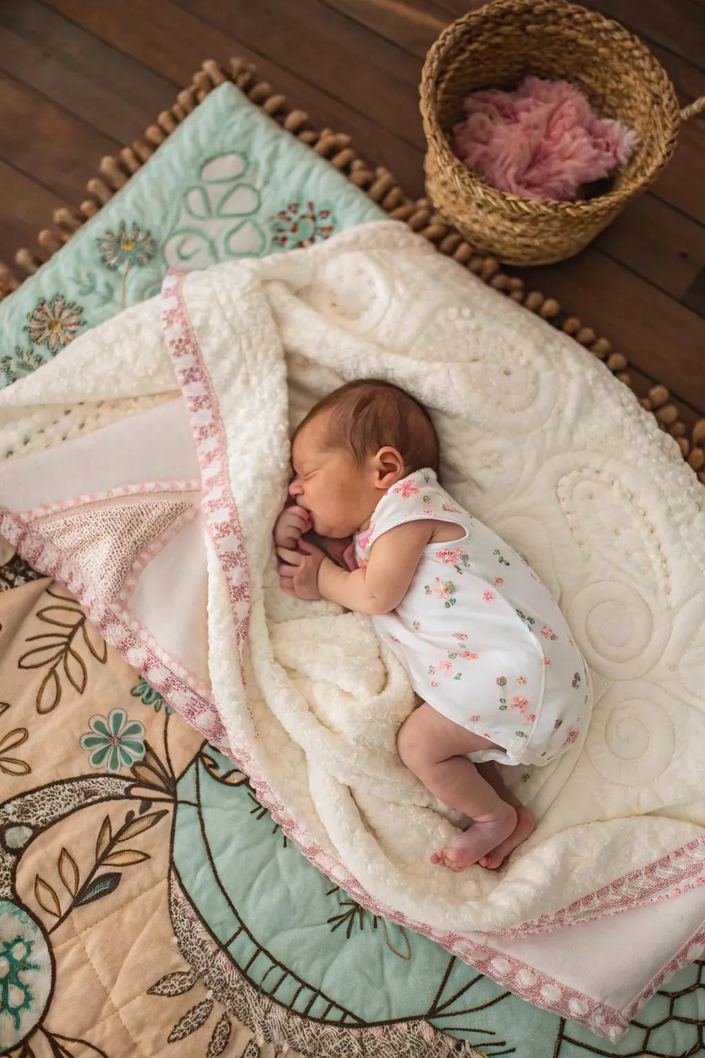 An overhead perspective capturing the newborn in an artistic setup.