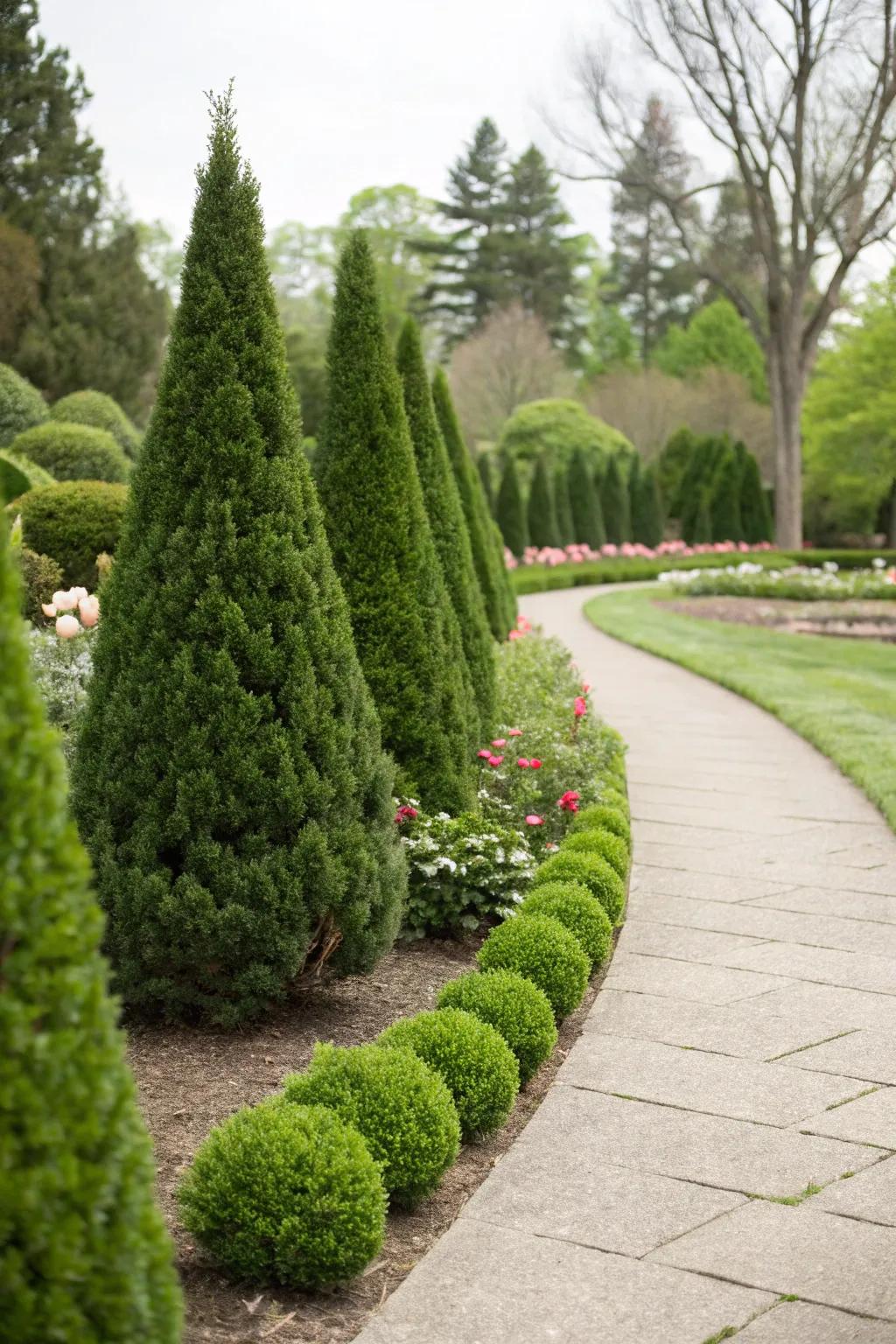 Evergreen boxwoods providing year-round beauty with little care.