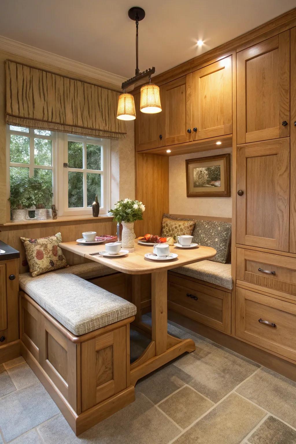 A breakfast nook offers a cozy spot in an oak kitchen.