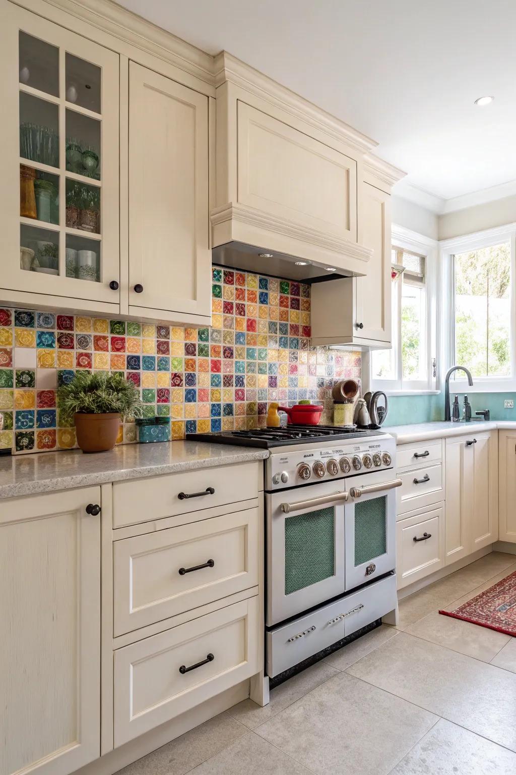 Colorful accents bring life to off-white kitchens.