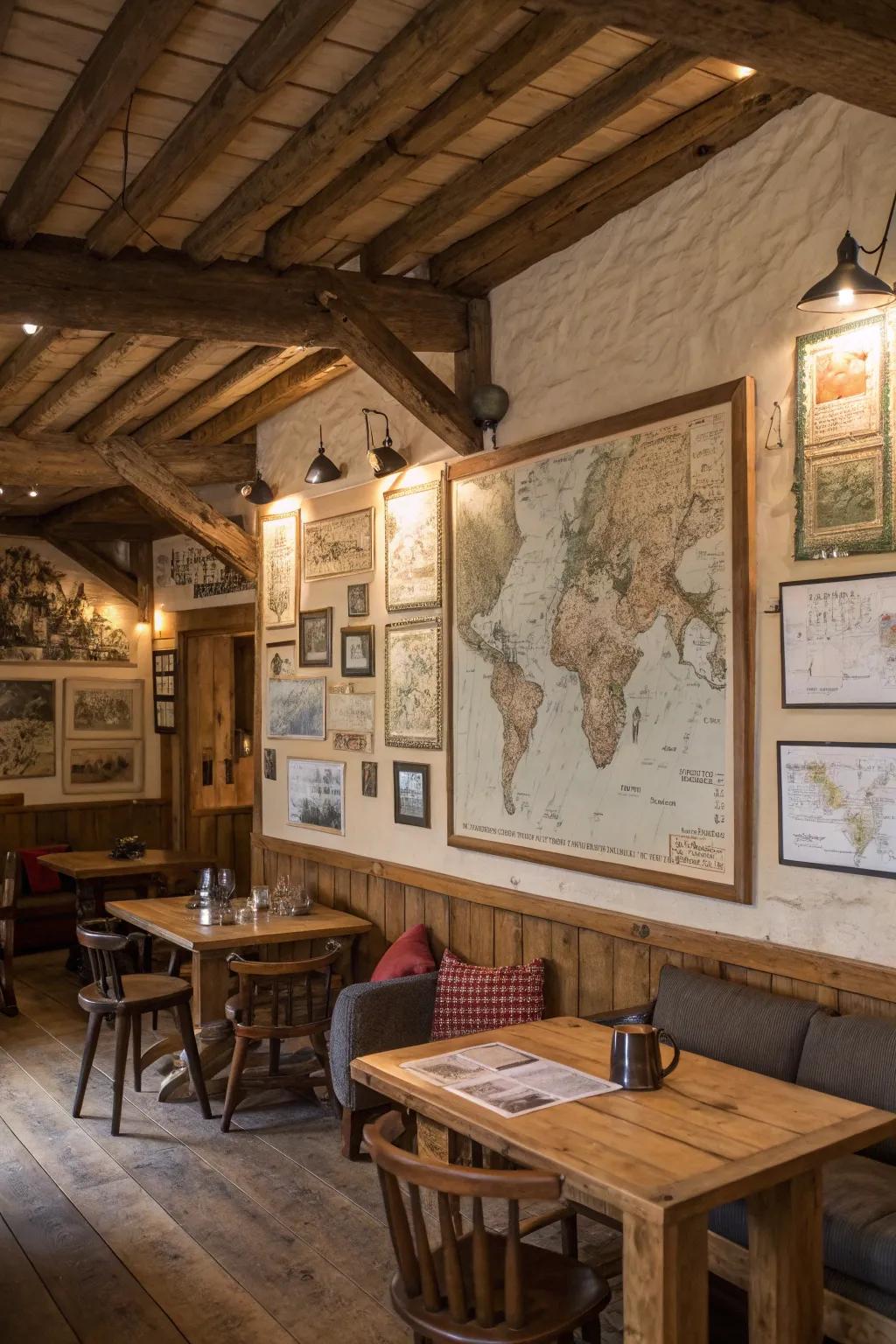 Rustic lodge interior showcasing a feature wall decorated with vintage maps.