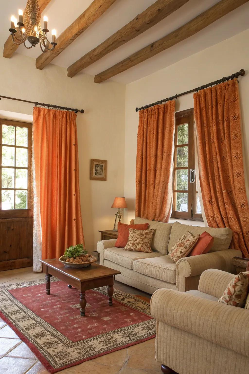 Harmonious earth tones complemented by orange curtains.