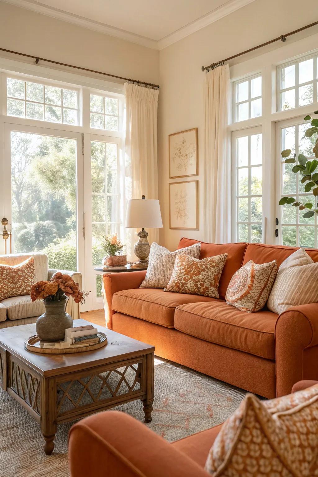 A harmonious living room with a blend of orange and neutral decor.