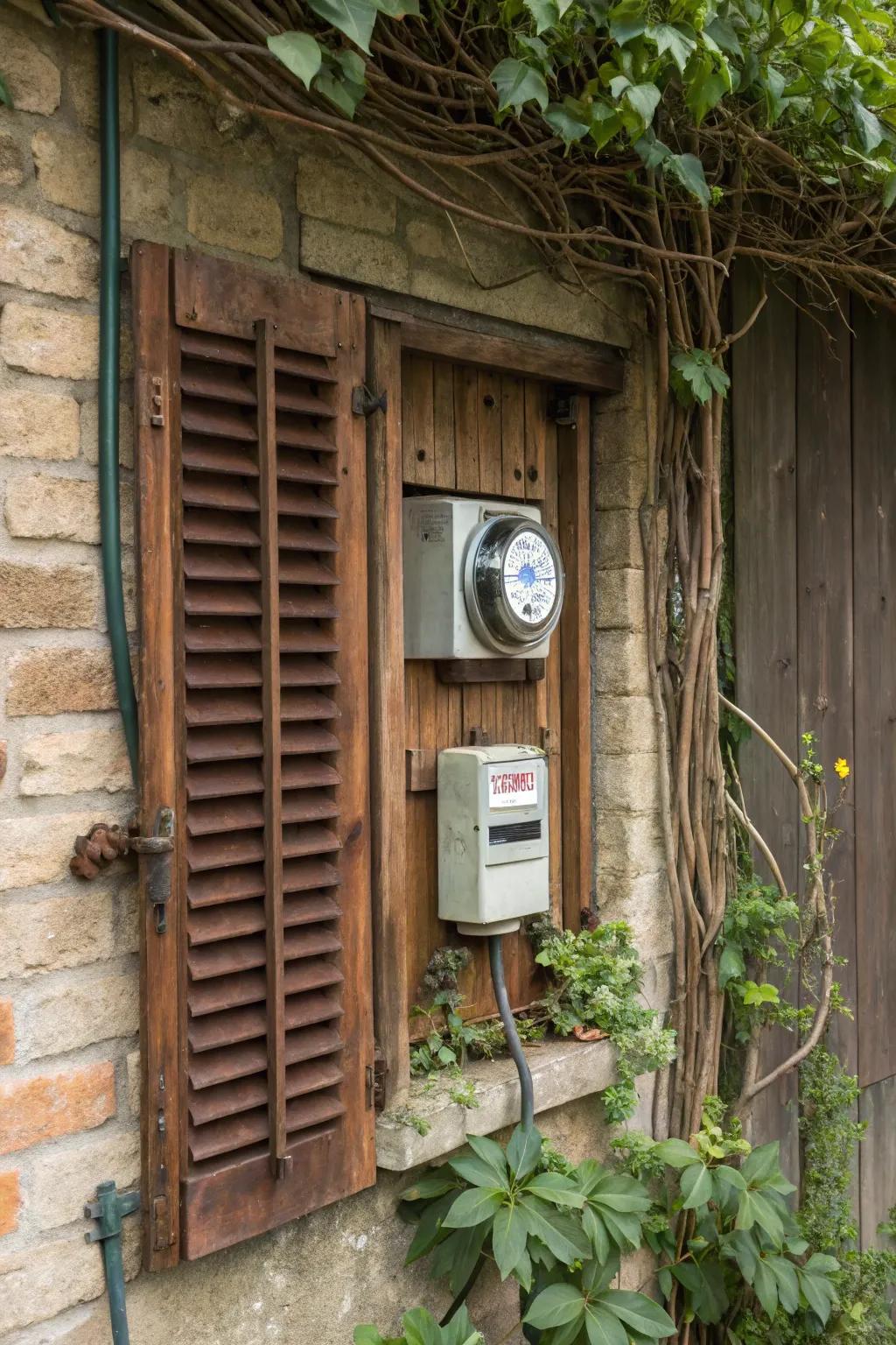 Rustic shutters offer a vintage touch with modern utility.