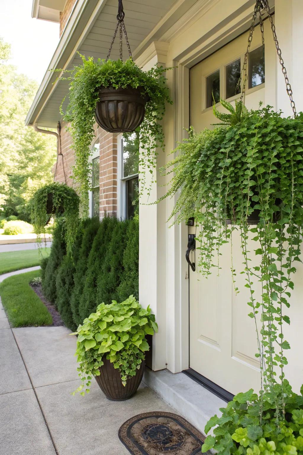 Hanging planters introduce greenery at different heights, enhancing the visual interest.