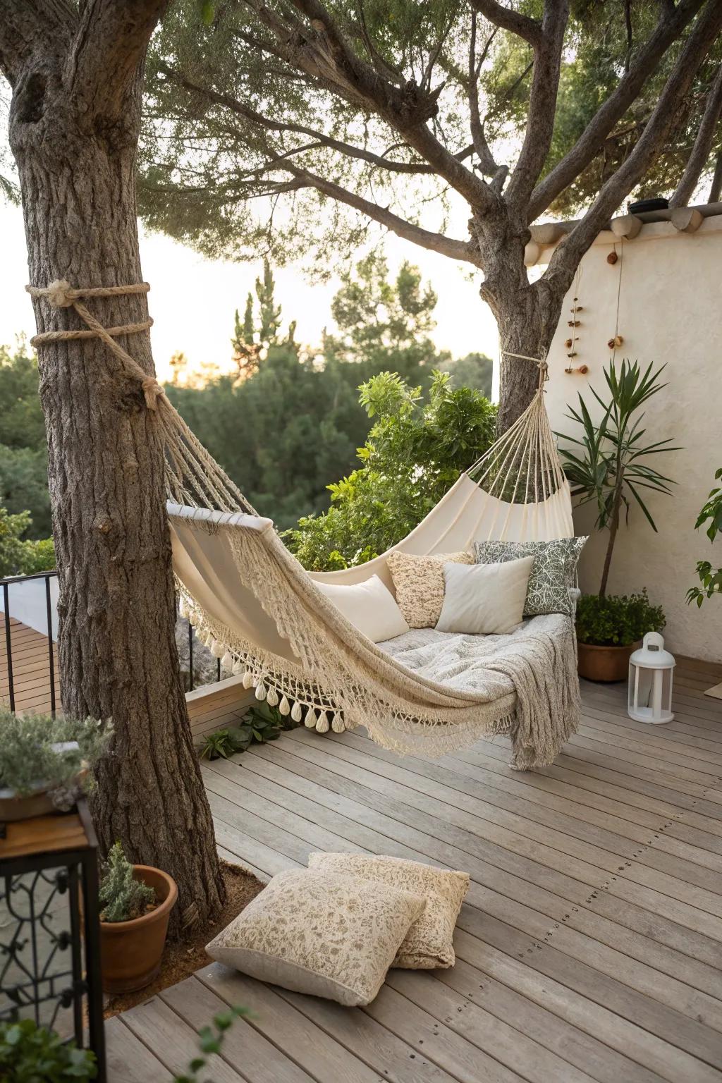 Hammocks offer a serene spot for relaxation.