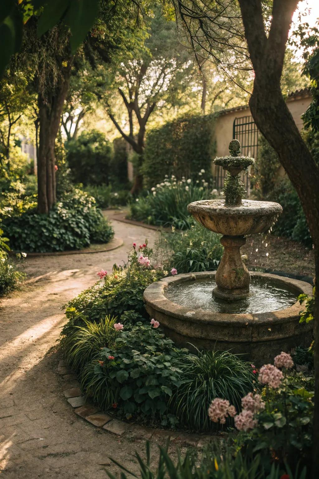 A water feature adding tranquility and elegance to the garden.