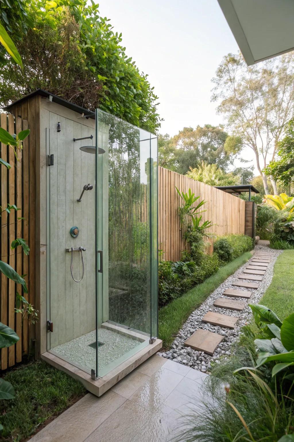 A modern outdoor shower with transparent glass walls.