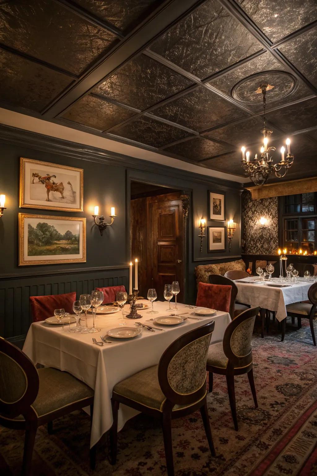 Dark ceilings offer a cozy and inviting dining atmosphere.