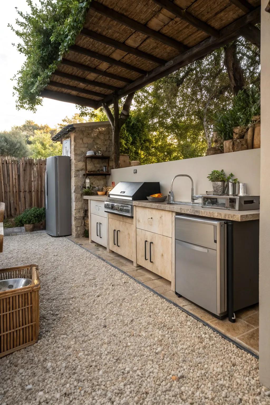 Cook in style with a pea gravel outdoor kitchen.