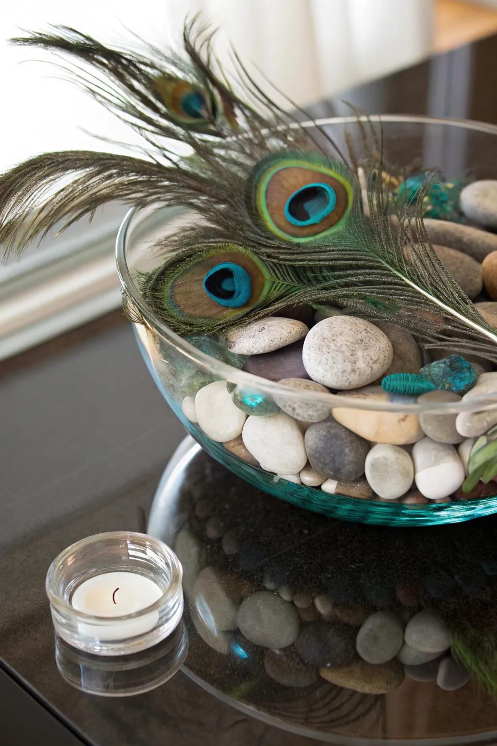 A textured centerpiece with layers of stones and feathers.